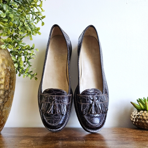 Talbots Crocodile Embossed Genuine Leather Tassel Penny Loafers Dark Brown, 7.5 - Picture 5 of 16